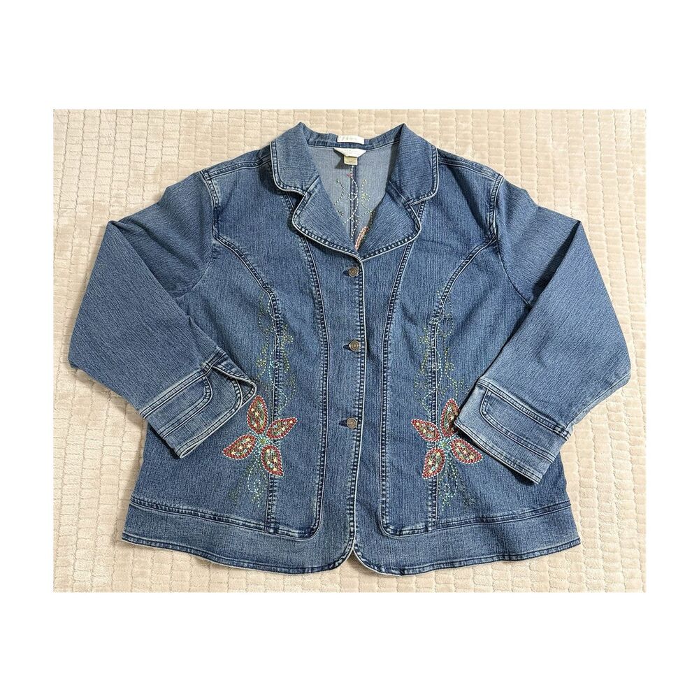 C.J. Banks Women’s 2X Embroidered Denim Jacket Floral Stretch Button Blue